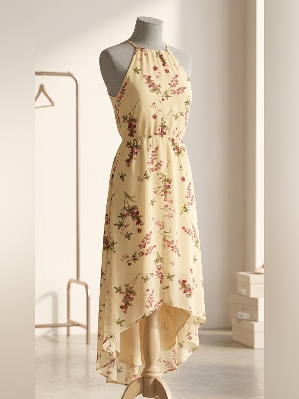 White House Black Market yellow Dress with Pink & Green Floral Print